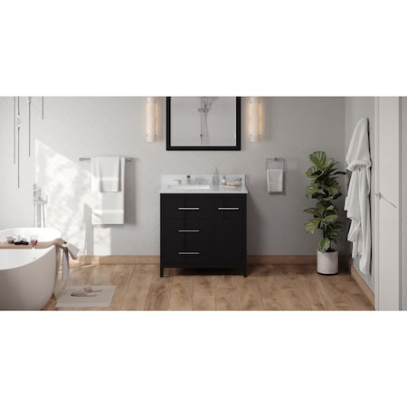Jeffrey Alexander 36In. Black Katara Vanity, Left Offset, White Carrara Marble Vanity Top, Undermount Rectangle Bowl VKITKAT36BKWCR